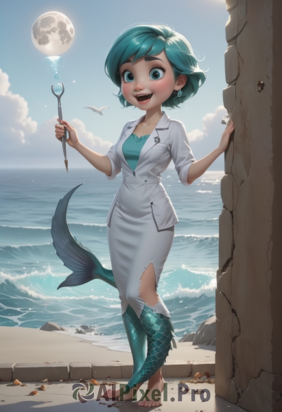 1girl,solo,breasts,looking at viewer,blush,smile,short hair,open mouth,bangs,blue eyes,skirt,shirt,holding,jewelry,standing,collarbone,jacket,tail,full body,:d,earrings,small breasts,outdoors,green hair,sky,barefoot,teeth,day,artist name,cloud,signature,water,aqua eyes,blue sky,lips,torn clothes,aqua hair,toes,swept bangs,bird,ocean,beach,moon,happy,white jacket,white skirt,monster girl,full moon,sleeves rolled up,pencil skirt,toenails,long skirt,rock,spoon,sand,wand,sun,horizon,scales,against wall,mermaid,shell,waves,torn skirt,starfish,fins,seagull,dress,blue hair,necklace,watermark,child,web address,fish,fish tail,dirty,aqua dress