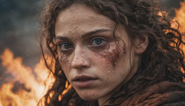 1girl,solo,long hair,looking at viewer,blue eyes,brown hair,black hair,brown eyes,parted lips,blurry,lips,blurry background,wavy hair,fire,portrait,close-up,freckles,curly hair,realistic,nose,dirty,dirty face,burning,sweat,eyelashes,blood,messy hair,blood on face