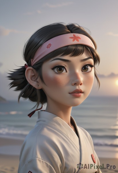 1girl,solo,looking at viewer,short hair,bangs,brown hair,black hair,brown eyes,upper body,hairband,outdoors,parted lips,japanese clothes,sky,artist name,kimono,water,blurry,lips,depth of field,blurry background,headband,ocean,beach,portrait,freckles,sunset,white kimono,realistic,nose,smile,eyelashes