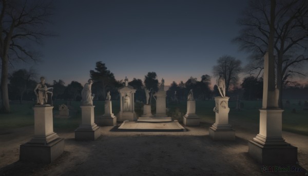 sitting,outdoors,multiple boys,sky,tree,night,grass,star (sky),night sky,scenery,statue,tombstone,graveyard,no humans,sunset,bare tree,evening,stone lantern