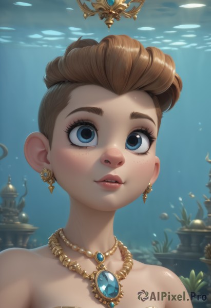 1girl,solo,breasts,short hair,blue eyes,brown hair,dress,bare shoulders,jewelry,collarbone,upper body,earrings,parted lips,teeth,necklace,lips,eyelashes,strapless,gem,freckles,bubble,underwater,air bubble,looking at viewer,smile,artist name,thick eyebrows,portrait,fish,shell,coral,aquarium