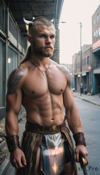 solo,looking at viewer,short hair,1boy,navel,holding,animal ears,jewelry,nipples,weapon,male focus,thighs,outdoors,horns,day,belt,sword,dark skin,necklace,stomach,holding weapon,looking to the side,tattoo,muscular,facial hair,holding sword,piercing,abs,dark-skinned male,pectorals,muscular male,building,bara,pelvic curtain,beard,large pectorals,bulge,topless male,city,mature male,realistic,cow ears,road,cow horns,arm tattoo,nipple piercing,very short hair,shoulder tattoo,chest hair,loincloth,street,chest tattoo,navel hair,buzz cut,cow boy,blue eyes,closed mouth,ponytail,cowboy shot,pants,bracelet,photo background