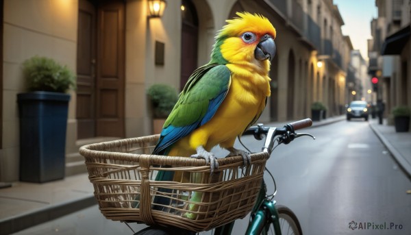 HQ,solo,outdoors,wings,day,blurry,no humans,depth of field,blurry background,bird,animal,plant,ground vehicle,building,motor vehicle,city,sign,realistic,basket,car,potted plant,road,riding,animal focus,lamppost,street,bicycle,road sign,beak,traffic light,pavement,crosswalk,vanishing point,sidewalk,bicycle basket,looking at viewer