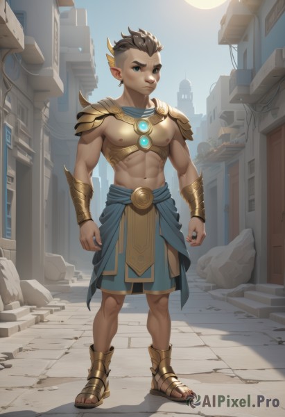 solo,looking at viewer,smile,short hair,blue eyes,brown hair,1boy,navel,jewelry,closed mouth,nipples,standing,full body,male focus,earrings,outdoors,sky,shorts,day,pointy ears,artist name,stomach,armor,muscular,shadow,piercing,abs,sandals,pectorals,muscular male,shoulder armor,building,bara,large pectorals,pauldrons,topless male,city,sun,bracer,bare pectorals,alley,green eyes,necklace,spiked hair,gauntlets,child,vambraces,male child