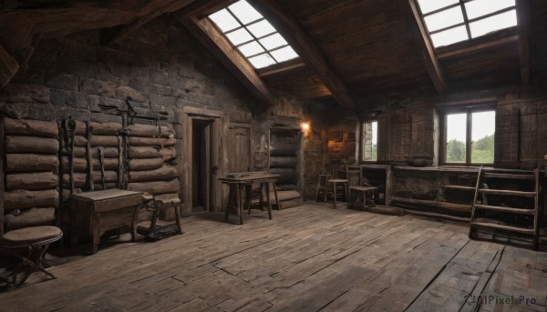 day,indoors,no humans,window,chair,table,sunlight,scenery,wooden floor,stairs,door,wall,ruins,barrel,fireplace,crate,wooden chair,fire,candle,brick wall,stool,torch,wooden table,stone wall