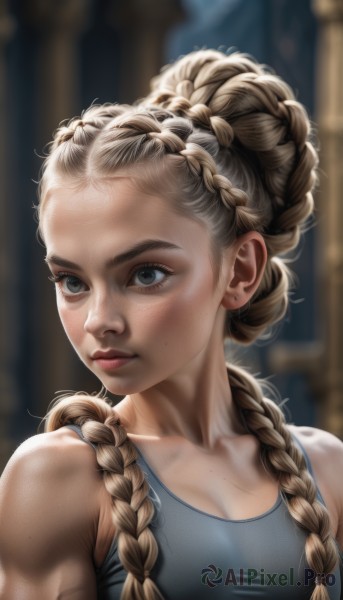 1girl,solo,long hair,breasts,blonde hair,brown hair,cleavage,bare shoulders,jewelry,closed mouth,collarbone,upper body,braid,earrings,small breasts,artist name,hair bun,mole,blurry,twin braids,lips,looking to the side,grey eyes,muscular,blurry background,looking away,tank top,hair over shoulder,forehead,freckles,sports bra,realistic,nose,stud earrings,blue eyes,medium breasts,eyelashes,thick eyebrows