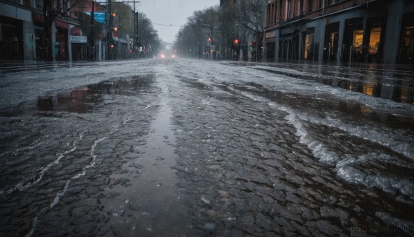 outdoors,sky,cloud,tree,no humans,window,night,ground vehicle,building,scenery,motor vehicle,snow,rain,snowing,city,sign,fence,car,road,winter,power lines,lamppost,bare tree,street,utility pole,road sign,puddle,traffic light,pavement,crosswalk,real world location,sidewalk,day,cloudy sky,vanishing point