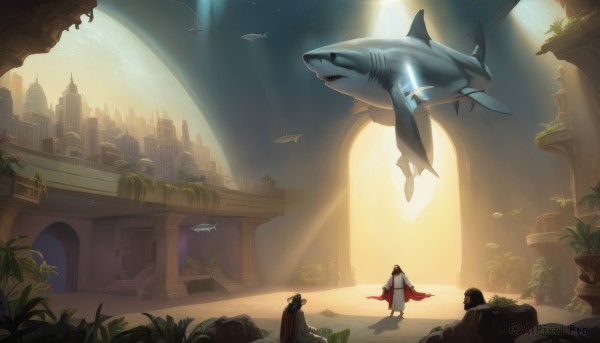 1boy,standing,weapon,multiple boys,sky,sword,2boys,cape,armor,animal,moon,helmet,plant,building,star (sky),scenery,fish,science fiction,city,fantasy,red cape,ruins,planet,pillar,energy sword,spacecraft,shark,whale,lightsaber,1girl,long hair,black hair,water,sunlight,light rays,stairs,potted plant