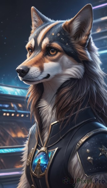 solo,long hair,looking at viewer,brown hair,1boy,animal ears,brown eyes,jewelry,upper body,male focus,outdoors,sky,artist name,signature,necklace,armor,blurry,night,animal,brooch,shoulder armor,gem,star (sky),furry,pendant,furry female,furry male,animal nose,whiskers,snout,1girl,smile,closed mouth,teeth,vest,from side,looking to the side,blurry background,watermark,night sky,starry sky