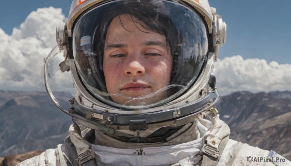 1girl,solo,looking at viewer,brown hair,black hair,1boy,closed mouth,male focus,outdoors,sky,day,cloud,blurry,black eyes,blue sky,lips,blurry background,helmet,portrait,reflection,mountain,realistic,straight-on,spacesuit,space helmet,astronaut,brown eyes,expressionless,freckles