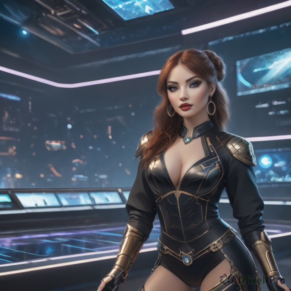 1girl,solo,long hair,breasts,looking at viewer,blue eyes,large breasts,brown hair,gloves,cleavage,jewelry,medium breasts,standing,cowboy shot,earrings,black gloves,fingerless gloves,necklace,hair bun,armor,mole,leotard,lips,grey eyes,clothing cutout,bodysuit,makeup,single hair bun,lipstick,black leotard,eyeshadow,science fiction,hoop earrings,realistic,nose,red lips,eyeliner,gorget,bangs,thighhighs,closed mouth,artist name,blurry,parted bangs,blurry background,gauntlets,contrapposto