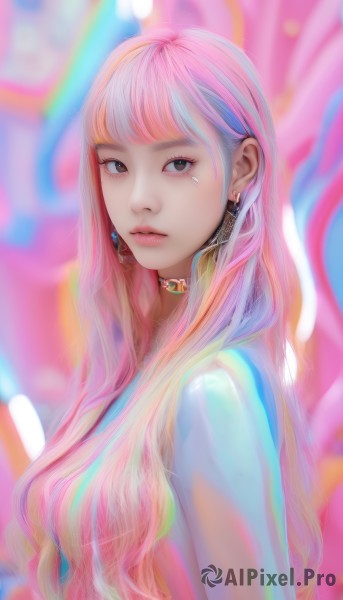 1girl,solo,long hair,looking at viewer,bangs,brown eyes,jewelry,closed mouth,blue hair,upper body,pink hair,multicolored hair,earrings,parted lips,choker,blurry,black eyes,from side,two-tone hair,lips,eyelashes,makeup,blurry background,nose,heart,nude,blunt bangs,facial mark,pink lips,realistic