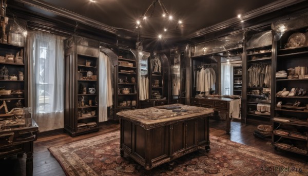 indoors,cup,book,no humans,window,chair,table,sunlight,bottle,curtains,box,scenery,wooden floor,door,clock,bookshelf,light,lamp,stool,shelf,ceiling,carpet,ceiling light,rug,cabinet,chandelier,fantasy,candle,jar,shop,still life,treasure chest,loaded interior