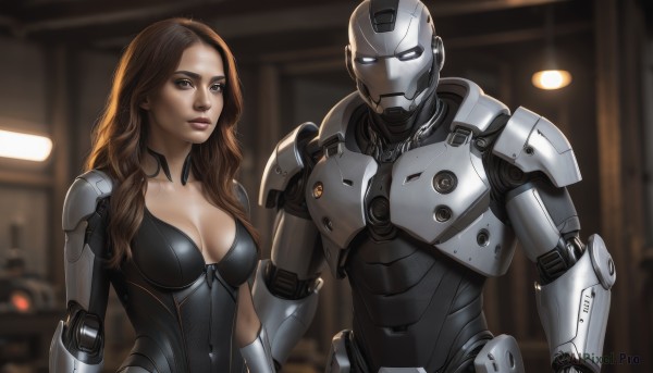 1girl,long hair,breasts,looking at viewer,brown hair,1boy,cleavage,brown eyes,medium breasts,upper body,armor,blurry,lips,bodysuit,blurry background,wavy hair,robot,science fiction,cyborg,humanoid robot,large breasts,collarbone,indoors,realistic,white eyes,power armor,cyberpunk