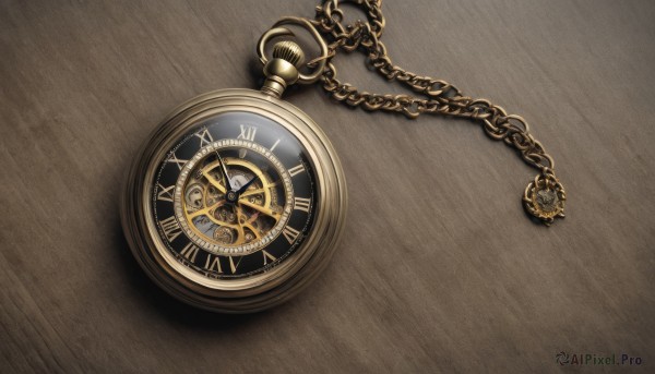 simple background,no humans,shadow,chain,from above,scenery,brown background,watch,wooden floor,pocket watch,brown theme,still life,roman numeral,wooden table,clock