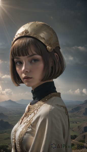 1girl,solo,breasts,looking at viewer,short hair,bangs,simple background,brown hair,brown eyes,jewelry,upper body,outdoors,parted lips,sky,cloud,blunt bangs,grey background,from side,lips,gradient,turtleneck,sunlight,bob cut,gem,scenery,light rays,mountain,realistic,fantasy,dress,no humans,cloudy sky