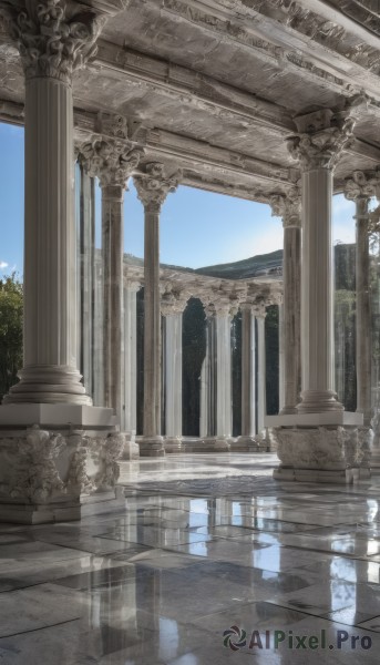 outdoors,sky,day,cloud,water,tree,blue sky,no humans,scenery,reflection,architecture,ruins,pillar,statue,arch,reflective floor,column,reflective water,sunlight,plant