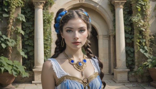 1girl,solo,long hair,breasts,looking at viewer,blue eyes,brown hair,black hair,hair ornament,dress,cleavage,bare shoulders,jewelry,medium breasts,closed mouth,collarbone,upper body,braid,flower,earrings,sleeveless,day,indoors,hair flower,necklace,mole,twin braids,lips,grey eyes,blue dress,rose,sunlight,plant,blue flower,hoop earrings,realistic,nose,potted plant,blue rose,vines,pillar,arch,column,ivy,outdoors,parted lips,hair bun,makeup,leaf,gem,forehead,red lips