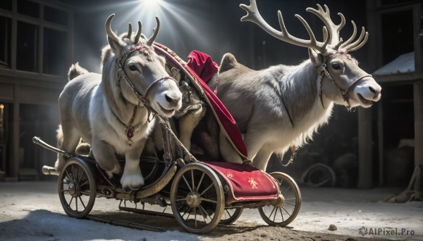 HQ,hat,jewelry,outdoors,necklace,no humans,night,animal,ground vehicle,gem,riding,antlers,animal focus,reindeer,reins,saddle,solo,collar,christmas,snow,dog