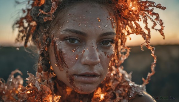 1girl,solo,looking at viewer,short hair,brown hair,black hair,brown eyes,parted lips,food,blurry,lips,depth of field,blurry background,portrait,freckles,realistic,messy,pasta,hair ornament,eyelashes,blood,close-up,blood on face,dirty