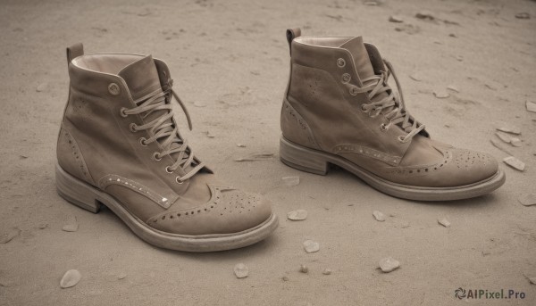 monochrome,shoes,no humans,shadow,sneakers,cross-laced footwear,realistic,shoes removed,brown theme,still life,shoelaces,brown footwear