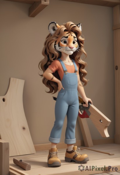 1girl,solo,long hair,looking at viewer,blush,smile,brown hair,shirt,holding,animal ears,brown eyes,standing,collarbone,tail,full body,short sleeves,shoes,artist name,indoors,flat chest,hand on hip,fangs,watermark,brown footwear,denim,red shirt,furry,furry female,overalls,axe,body fur,orange shirt,animal nose,whiskers,brown fur,wrench,tiger girl,orange footwear,blue overalls,tools,very long hair,closed mouth,teeth,holding weapon,animal ear fluff,wavy hair,child,meme,wooden floor,door,female child,hammer,holding axe,holding hammer,skateboard,wood