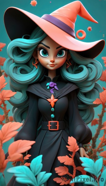 1girl,solo,long hair,breasts,looking at viewer,blush,smile,long sleeves,hat,dress,jewelry,medium breasts,closed mouth,green eyes,blue hair,standing,flower,cowboy shot,earrings,green hair,puffy sleeves,belt,artist name,black dress,aqua eyes,lips,eyelashes,aqua hair,makeup,witch hat,leaf,blue background,wavy hair,thick eyebrows,plant,lipstick,buckle,eyeshadow,puffy long sleeves,curly hair,black belt,belt buckle,arms at sides,red lips,witch,blue eyes,necklace,nose,pink headwear