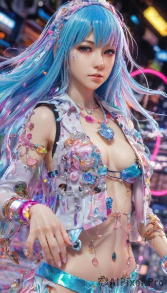 1girl,solo,long hair,breasts,looking at viewer,bangs,blue eyes,hair ornament,navel,cleavage,jewelry,medium breasts,underwear,blue hair,standing,swimsuit,pink hair,bikini,multicolored hair,cowboy shot,hairband,small breasts,parted lips,detached sleeves,open clothes,midriff,belt,necklace,nail polish,bra,blurry,vest,bracelet,lips,fingernails,gradient hair,blurry background,piercing,ring,gem,bikini top only,pink nails,realistic,navel piercing,upper body,watermark,facial mark,tiara,web address,armlet