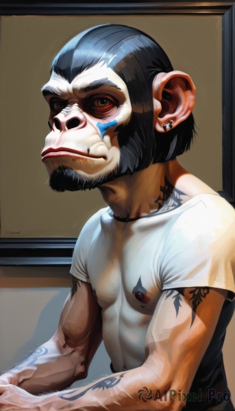 solo,shirt,black hair,1boy,brown eyes,jewelry,nipples,white shirt,upper body,male focus,earrings,indoors,tattoo,mask,muscular,facial hair,piercing,t-shirt,ear piercing,beard,mustache,goatee,bodypaint,looking at viewer,short hair,topless male,skull,realistic,facepaint,skull mask