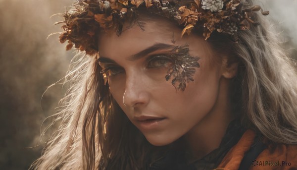 1girl,solo,long hair,looking at viewer,brown hair,hair ornament,brown eyes,closed mouth,flower,white hair,hair flower,blurry,lips,grey eyes,eyelashes,blurry background,expressionless,portrait,freckles,realistic,nose,head wreath,leaf,close-up