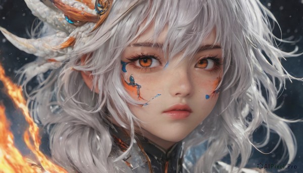 1girl,solo,long hair,looking at viewer,bangs,hair ornament,hair between eyes,brown eyes,closed mouth,white hair,artist name,blurry,lips,orange eyes,eyelashes,facial mark,fire,feathers,portrait,close-up,freckles,snowing,realistic,nose,red lips,feather hair ornament,short hair,parted lips,horns,medium hair,makeup,floating hair,wind,messy hair,light particles,scales