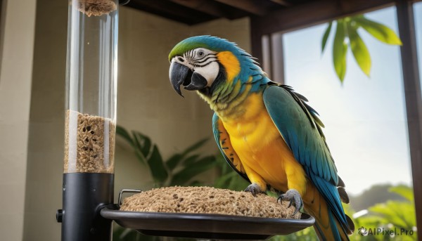 HQ,solo,closed mouth,standing,food,day,indoors,blurry,black eyes,no humans,window,blurry background,bird,animal,table,feathers,plant,realistic,animal focus,talons,beak