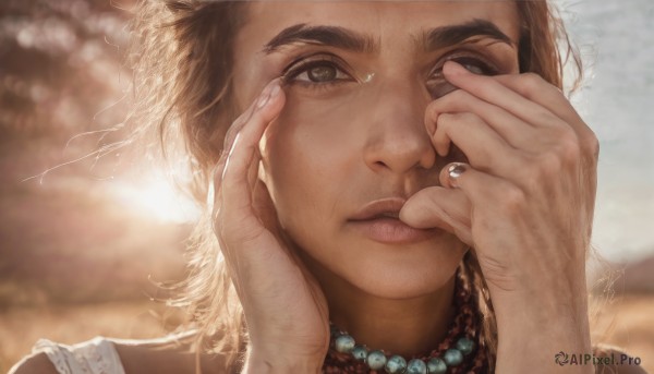 1girl,solo,looking at viewer,short hair,brown hair,jewelry,closed mouth,outdoors,tears,necklace,blurry,lips,grey eyes,eyelashes,depth of field,blurry background,ring,crying,portrait,close-up,freckles,realistic,nose,hands on own face,pearl necklace,brown eyes,parted lips,fingernails,backlighting