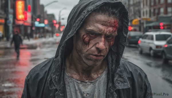 solo,looking at viewer,short hair,shirt,black hair,1boy,closed mouth,jacket,white shirt,upper body,male focus,outdoors,solo focus,hood,blurry,black eyes,black jacket,blood,hoodie,depth of field,blurry background,scar,ground vehicle,hooded jacket,grey shirt,motor vehicle,scar on face,hood up,rain,blood on face,city,realistic,car,road,street,open clothes,open jacket,facial hair,portrait,beard,scar across eye,stubble,blood on clothes