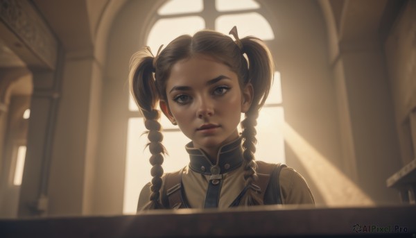 1girl,solo,long hair,looking at viewer,bangs,blue eyes,brown hair,ribbon,twintails,jewelry,upper body,braid,earrings,parted lips,artist name,indoors,blurry,twin braids,lips,grey eyes,window,blurry background,sunlight,portrait,backlighting,church,closed mouth,realistic,nose