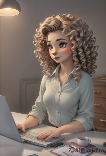 1girl,solo,long hair,breasts,blush,smile,brown hair,shirt,brown eyes,sitting,closed mouth,collarbone,white shirt,upper body,collared shirt,indoors,dark-skinned female,cup,lips,book,dress shirt,makeup,buttons,wavy hair,phone,thick eyebrows,cellphone,smartphone,desk,curly hair,mug,nose,pen,lamp,computer,pencil,coffee,laptop,notebook,coffee mug,mechanical pencil,medium breasts,earrings,lipstick,teacup,red lips