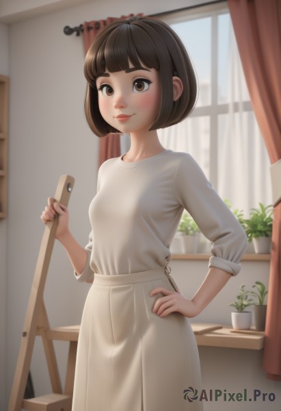 1girl,solo,breasts,blush,smile,short hair,bangs,skirt,brown hair,shirt,long sleeves,holding,brown eyes,closed mouth,standing,white shirt,small breasts,indoors,blunt bangs,lips,hand on hip,window,bob cut,white skirt,plant,curtains,freckles,potted plant,easel,dress,white dress,table,thick eyebrows