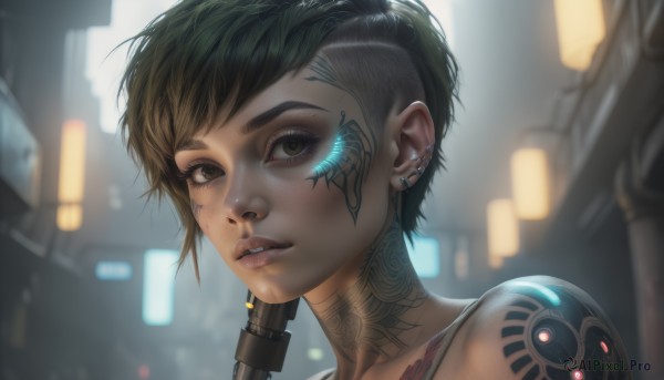 1girl,solo,looking at viewer,short hair,brown hair,black hair,brown eyes,jewelry,earrings,parted lips,green hair,teeth,blurry,lips,tattoo,makeup,blurry background,piercing,tank top,ear piercing,portrait,freckles,science fiction,realistic,nose,arm tattoo,very short hair,undercut,cyborg,cyberpunk,neck tattoo,nose piercing,eyebrow piercing,eyebrow cut,bangs,bare shoulders,weapon,multicolored hair,dark skin,dark-skinned female,gun,eyelashes,depth of field,close-up,eyeshadow,asymmetrical hair,eyeliner,facepaint,facial tattoo,lip piercing