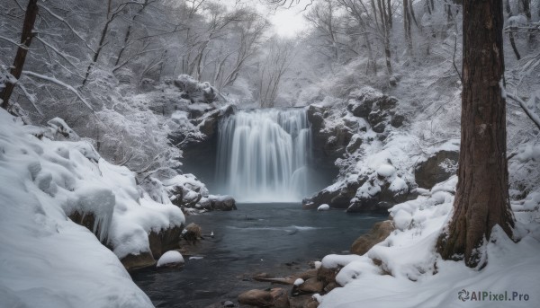 outdoors, water, tree, no humans, nature, scenery, snow, forest, rock, bare tree, waterfall