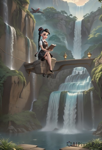 1girl,solo,long hair,breasts,smile,skirt,shirt,black hair,dress,holding,cleavage,medium breasts,sitting,braid,short sleeves,outdoors,sky,shoes,day,cloud,water,black footwear,black eyes,black dress,twin braids,tree,lips,book,crossed legs,plant,nature,scenery,holding book,open book,aircraft,reading,airplane,watercraft,bridge,river,waterfall,cliff,moss,stream,fountain,floating island,looking at viewer,open mouth,blue eyes,ribbon,green eyes,hair ribbon,single braid,makeup,lipstick,lantern,mountain,red lips,lamp,no socks,lake