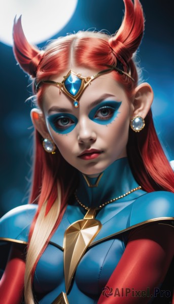 1girl,solo,long hair,breasts,looking at viewer,blue eyes,jewelry,closed mouth,upper body,red hair,multicolored hair,earrings,small breasts,necklace,lips,bodysuit,makeup,moon,lipstick,gem,eyeshadow,red lips,eyeliner,superhero,blonde hair,medium breasts,two-tone hair,eyelashes,circlet,realistic,forehead jewel