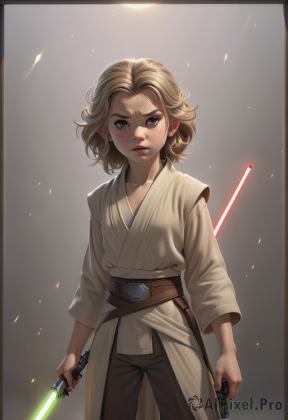 1girl,solo,looking at viewer,short hair,blonde hair,brown hair,holding,brown eyes,standing,weapon,cowboy shot,belt,pants,sword,medium hair,holding weapon,lips,grey eyes,makeup,holding sword,border,freckles,science fiction,dual wielding,robe,serious,realistic,black border,animification,energy sword,lightsaber,parted lips,signature,grey background,gradient background