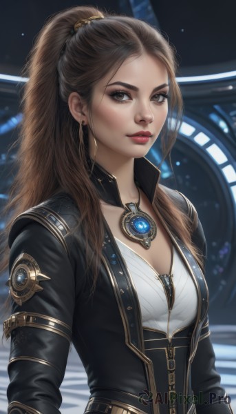 1girl,solo,long hair,breasts,looking at viewer,brown hair,long sleeves,cleavage,brown eyes,jewelry,medium breasts,closed mouth,jacket,upper body,ponytail,earrings,belt,necklace,lips,black jacket,makeup,blurry background,high ponytail,lipstick,pendant,zipper,realistic,nose,red lips,leather,shirt,small breasts,corset,forehead,eyeshadow,eyeliner