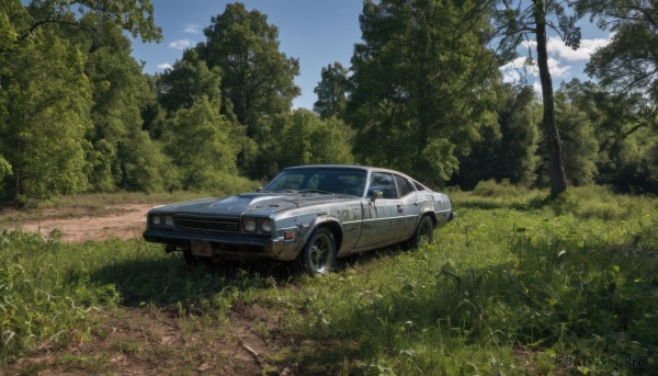 outdoors,sky,day,cloud,signature,tree,blue sky,no humans,grass,ground vehicle,nature,scenery,motor vehicle,forest,car,road,bush,vehicle focus,field,sports car