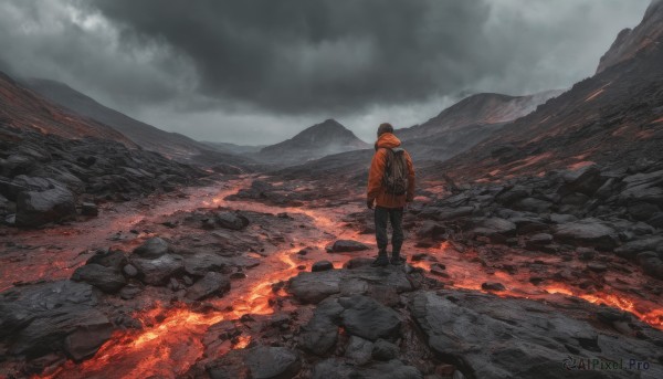 1girl, solo, standing, jacket, boots, outdoors, sky, pants, cloud, hood, bag, from behind, dutch angle, black pants, backpack, cloudy sky, fire, scenery, mountain, facing away, wide shot, orange jacket