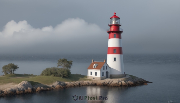 outdoors,sky,day,cloud,signature,water,tree,blue sky,no humans,window,ocean,cloudy sky,grass,building,scenery,reflection,rock,mountain,horizon,house,river,castle,tower,lake,cliff,monochrome,artist name,watermark,nature,blue theme,bush,lighthouse