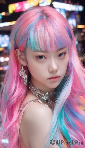 1girl,solo,long hair,looking at viewer,bangs,bare shoulders,jewelry,closed mouth,blue hair,upper body,pink hair,multicolored hair,earrings,blunt bangs,necklace,blurry,black eyes,from side,two-tone hair,lips,grey eyes,eyelashes,aqua hair,makeup,depth of field,blurry background,realistic,choker,expressionless,portrait,nose