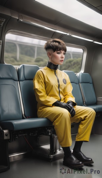 1girl,solo,looking at viewer,short hair,brown hair,black hair,gloves,1boy,brown eyes,sitting,closed mouth,jacket,full body,male focus,shoes,black gloves,socks,black footwear,blurry,uniform,black eyes,lips,bodysuit,own hands together,ground vehicle,motor vehicle,reflection,science fiction,realistic,car,yellow jacket,animification,jumpsuit,car interior,collar,looking to the side,hands on lap