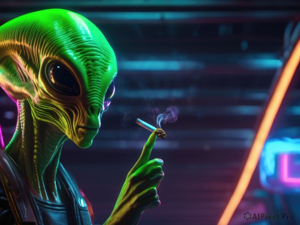 solo,1boy,holding,upper body,male focus,blurry,colored skin,smoke,science fiction,monster,cigarette,realistic,smoking,green skin,alien,holding cigarette,cyberpunk,purple eyes,weapon,no humans,blurry background,index finger raised,neon lights,yellow skin