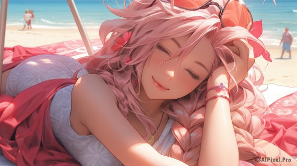 1girl,long hair,breasts,blush,smile,bangs,multiple girls,shirt,hair ornament,1boy,dress,hair between eyes,bare shoulders,jewelry,closed mouth,swimsuit,closed eyes,white shirt,pink hair,ass,braid,flower,outdoors,lying,sky,sleeveless,solo focus,day,hair flower,water,necklace,twin braids,bracelet,lips,one-piece swimsuit,eyelashes,single braid,ocean,umbrella,beach,floral print,sunlight,sunglasses,on stomach,towel,red flower,facing viewer,eyewear on head,hand in own hair,braided ponytail,sand,white one-piece swimsuit,shade,sarong,hibiscus,hand on own head,tinted eyewear,beach umbrella,2girls,multiple boys,shorts,cloud,2boys,blue sky,on side,3boys,eyewear removed